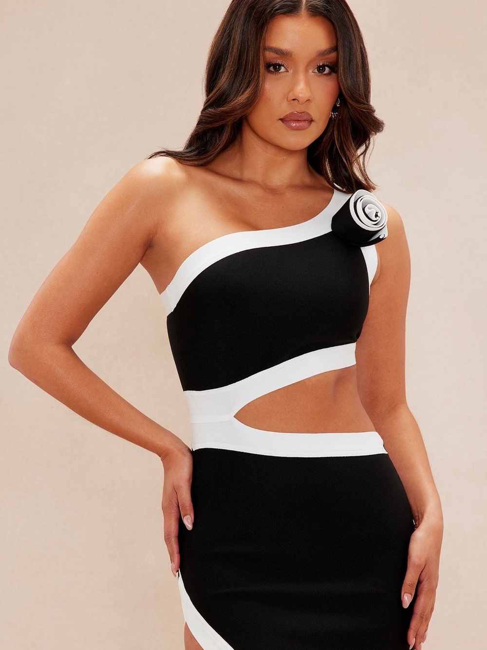Modern One-Shoulder Black and White Cutout Evening Gown - Picture 2 of 4
